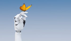 Robotic/AI hand holding a butterfly