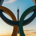 View of the Eiffel Tower through the 5 Olympic rings