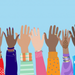 Illustration of hands up in a class to indicate a culturally diverse boarding school