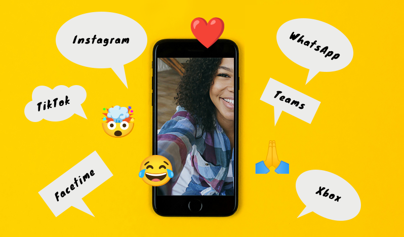An image of a smartphone. On its screen there is a photo of an African girl, taking a selfie. There are also graphic speech bubbles with differen social networks printed in them around the phone as well as a few fun emjois.