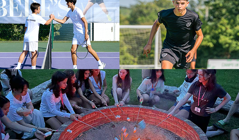 Image with international students enjoying UK summer camps including tennis, football and sitting around a firepit in the evening.