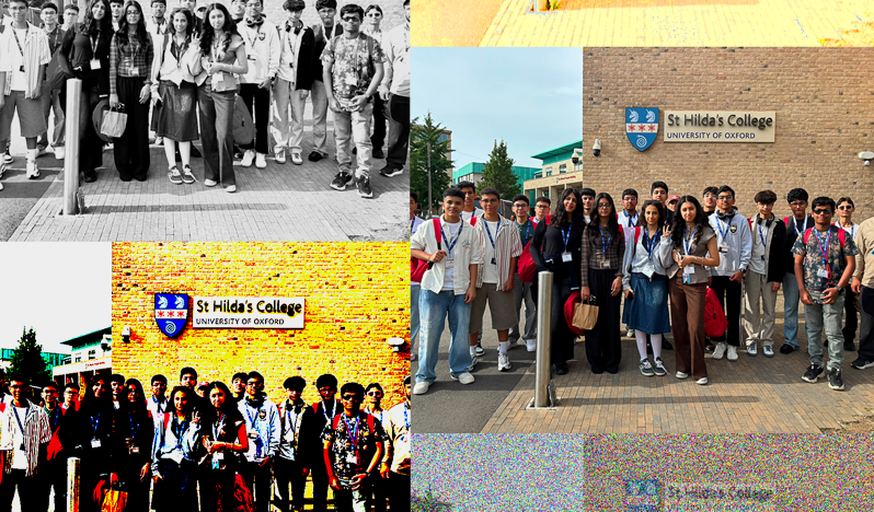 A group of school students from Riyadh standing outside a University of Oxford photo