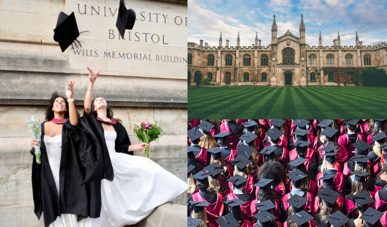 A montage of photos depicting University and graduation. The 1st picture is of 2 graduates throwing their mortarboards in the air, the 2nd photo is of the Cambridge University building and the 3rd photo, an aerial view of lots of graduates sat down.