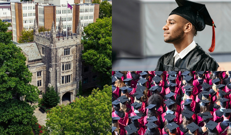 A montage of photos depicting University and graduation. The 1st picture is of McMaster University, the 2nd is a male graduate in his mortarboard and the 3rd photo is an aerial view of lots of graduates sat down.